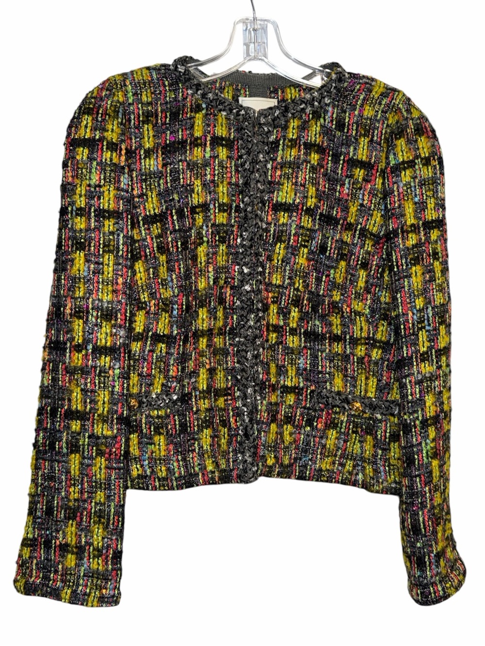 Cropped Multicolor Tweed Jacket - Black, Yellow & Pink